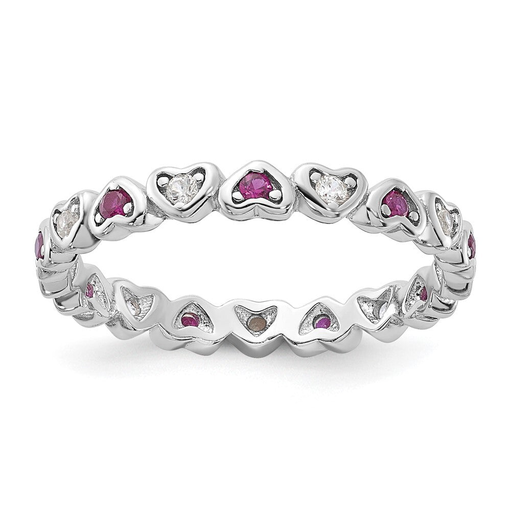 SS Rhodium-plated .14Lab Cr. Ruby and .27Cr. Wh Sapphire Heart Ring Size 7