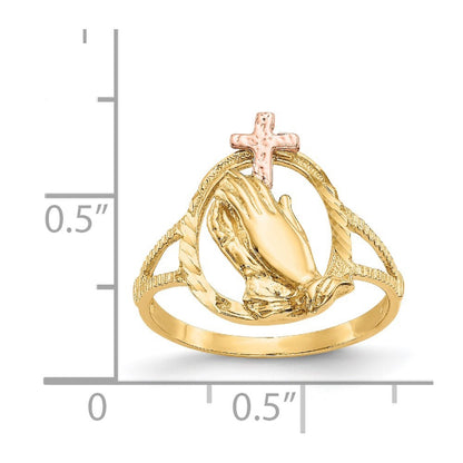 14K Two-tone Gold Diamond Cut Praying Hands Cross Ring
