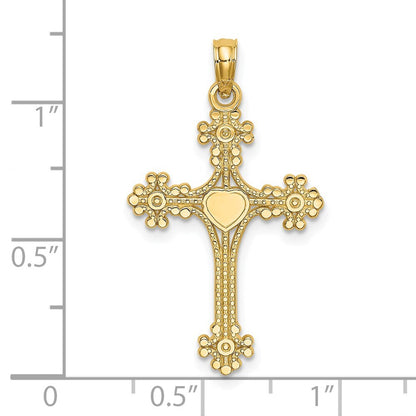 14k Yellow Gold Beaded Tip Cross  Heart Center Charm Pendant for Women