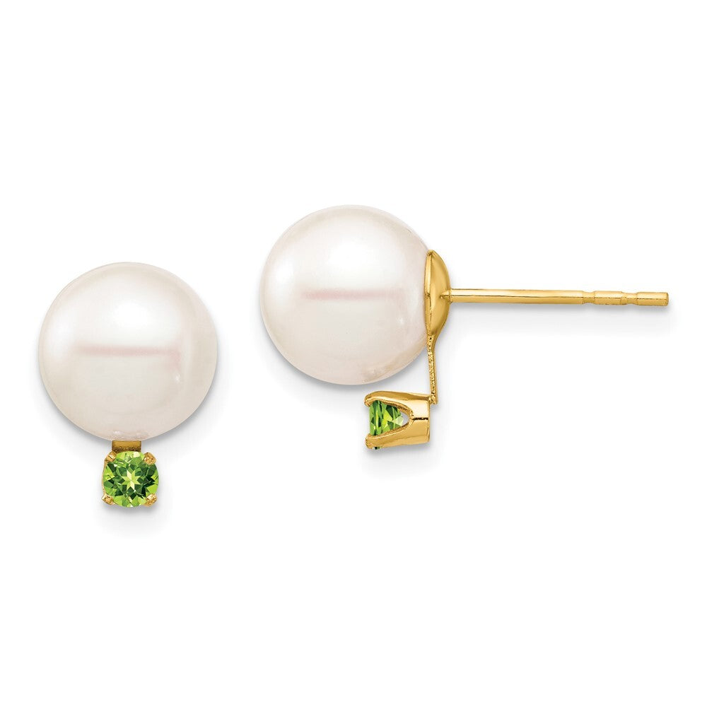 14k Yellow Gold 8-8.5mm Freshwater Cultured Pearl & Peridot Stud Earrings