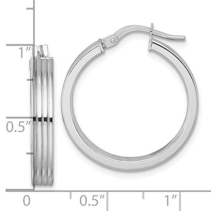 14k White Gold Polished and Grooved 4 x 24mm Tube Hoop Earrings