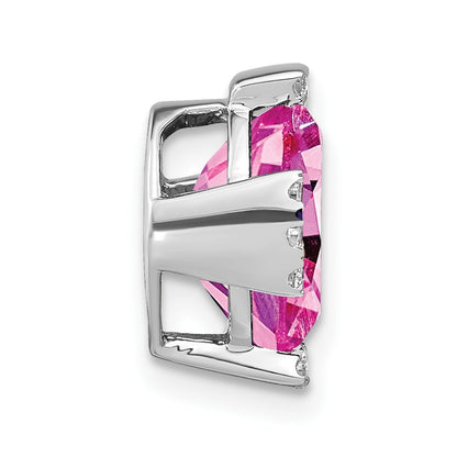 14k White Gold Oval Lab Created Pink Sapphire and Diamond Chain Slide