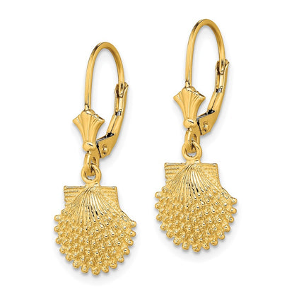 14k Yellow Gold 2-D Beaded Scallop Shell Drop Dangle Earrings