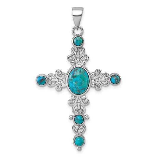 Sterling Silver Polished Compressed Turquoise Cabochons Fancy Cross Pendant