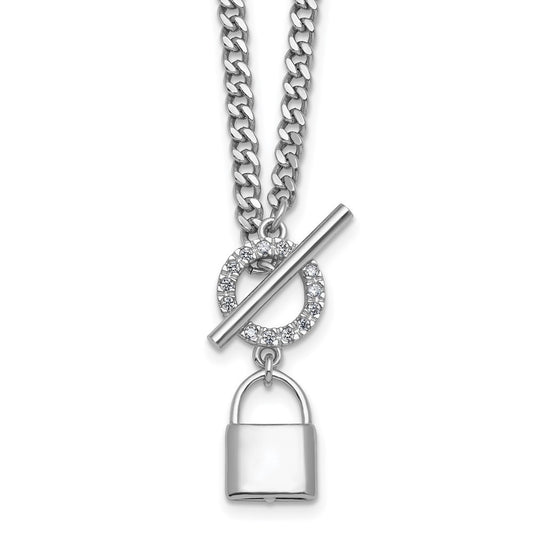 Sterling Silver Rhodium-plated CZ Lock Pendant Toggle Necklace 16" with 2" ext