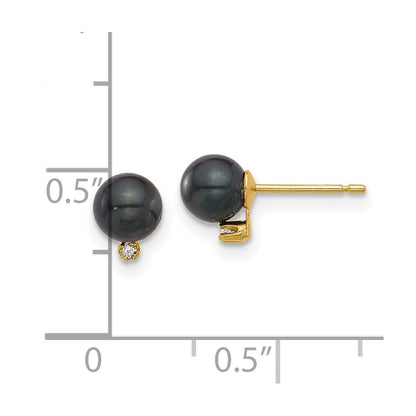 14k Yellow Gold 6mm Black Akoya Saltwater Cultured Pearl & Diamond Stud Earrings