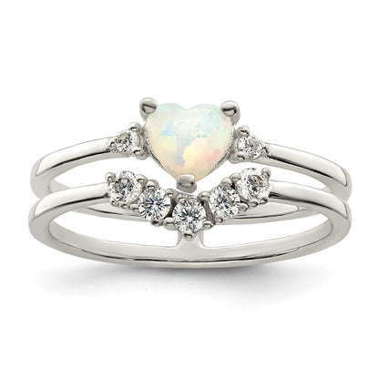 Sterling Silver CZ & Heart Created White Opal Double Band Ring Size 8