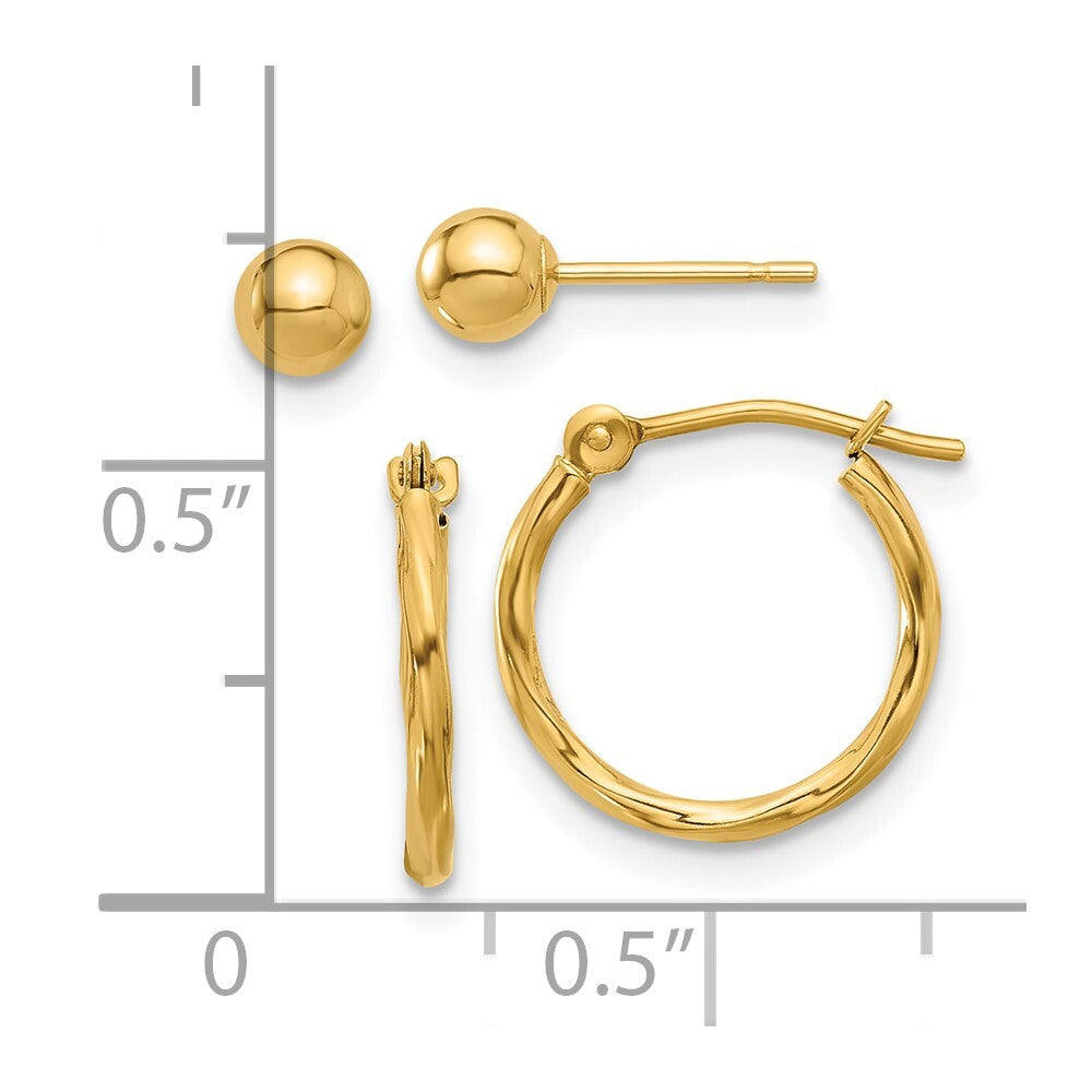 14k Yellow Gold Polished 4mm Ball and Twisted Hoop Earring Set Gift for Women