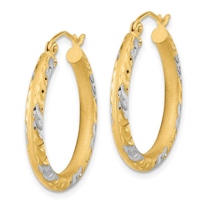 14k Yellow Gold White Rhodium Diamond-cut Satin Hoop Earrings