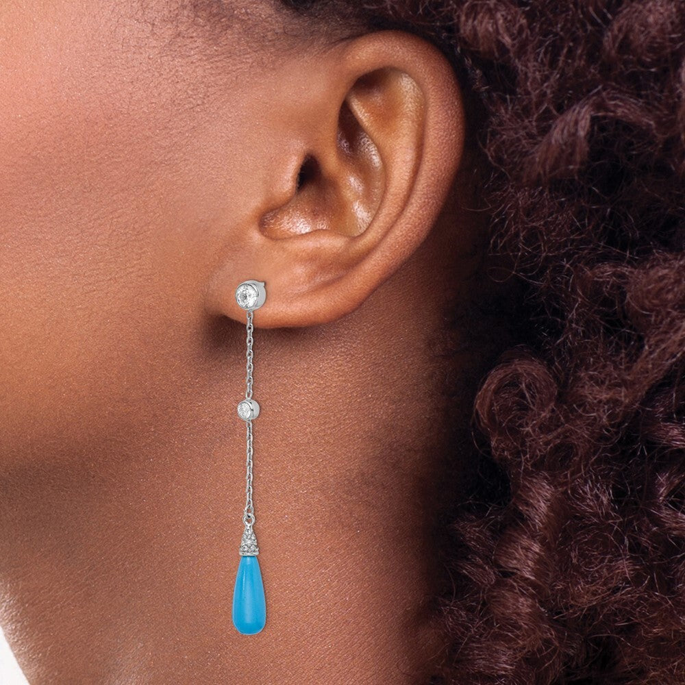 Sterling Silver Rhodium-plated Turquoise and Cubic Zirconia Post Dangle Earrings