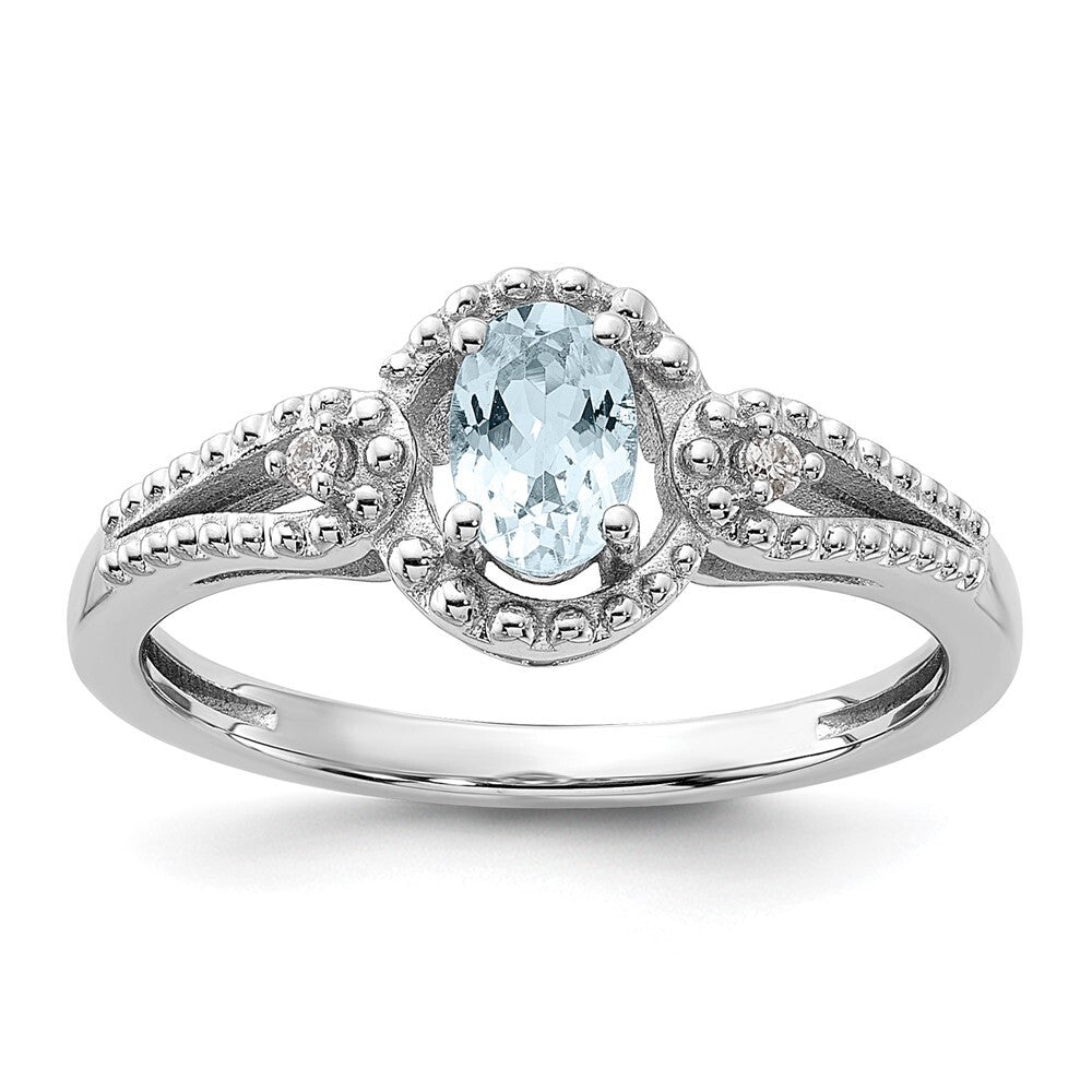 Sterling Silver Rhodium-plated Aquamarine & Diamond Ring