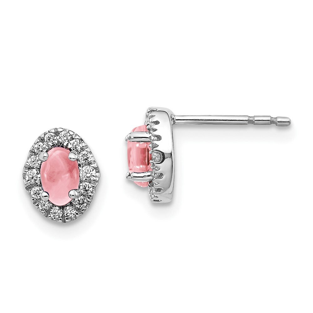 14k White Gold Diamond and Cabochon Pink Tourmaline Stud Earrings