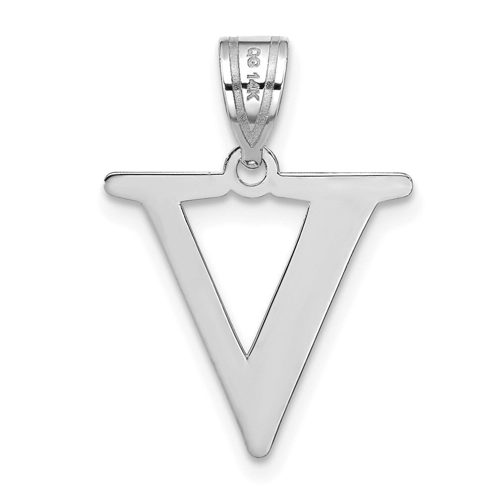 14k White Gold Polished Etched Letter V Initial Pendant for Women