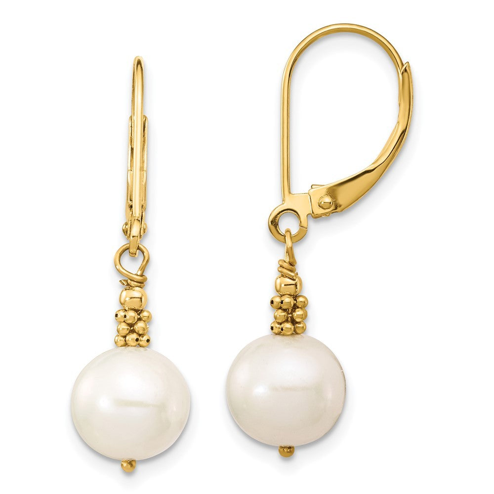 14k Yellow Gold 8-9mm White Near-Round Freshwater Cultured Pearl Dangle Earrings
