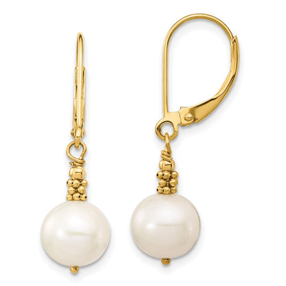 14k Yellow Gold 8-9mm White Near-Round Freshwater Cultured Pearl Dangle Earrings