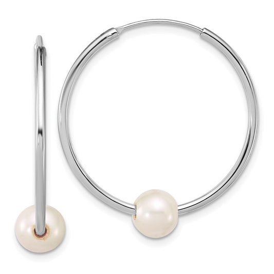 Sterling Silver 7-8mm White Semi-Round Freshwater Cultured Pearl Hoop Earrings