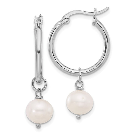 Sterling Silver 8-9mm White Near-Round Cultured Pearl Dangle Hoop Earrings