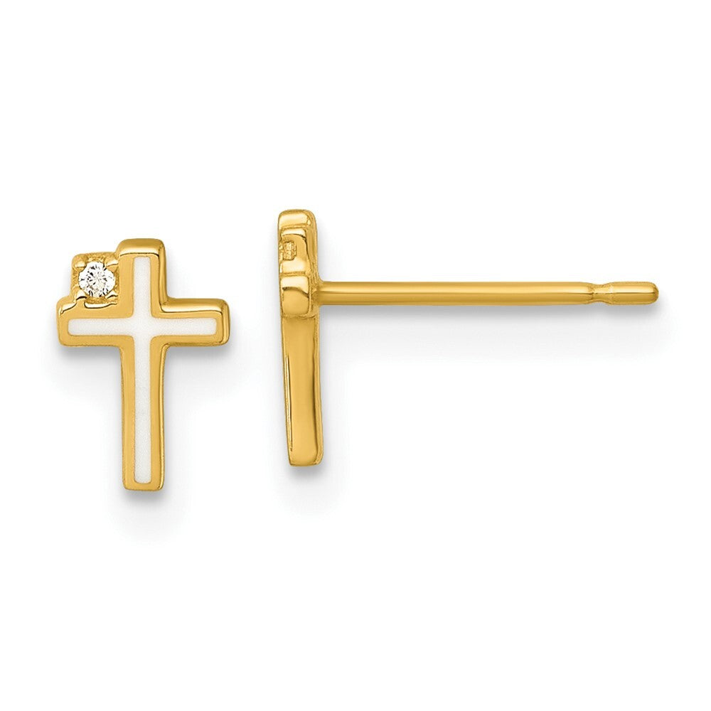 14k Yellow Gold Polished Enameled Cubic Zirconia Cross Stud Earrings