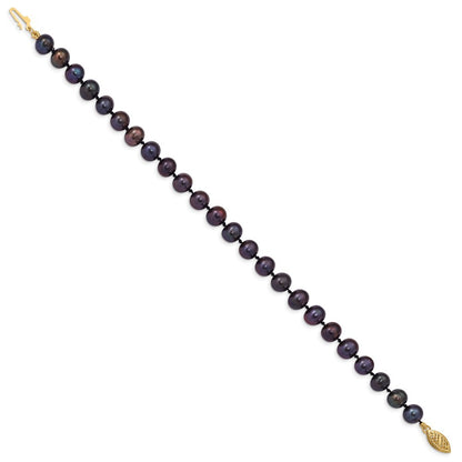 14k Yellow Gold 6-7mm Black Near-Round Freshwater Cultured Pearl 7.5" Bracelet