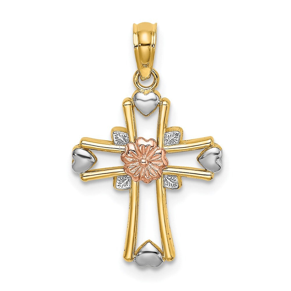 14k Two-tone Gold  White Rhodium Cross Flower and Heart Charm Pendant