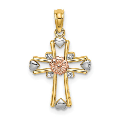 14k Two-tone Gold  White Rhodium Cross Flower and Heart Charm Pendant
