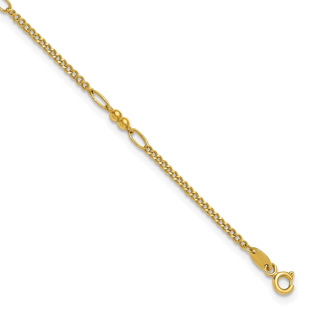 14k Yellow Gold Polished and Diamond-cut 5-Station Beaded Mixed Link 10" Anklet