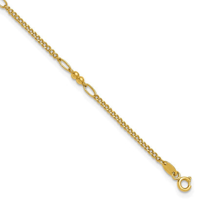 14k Yellow Gold Polished and Diamond-cut 5-Station Beaded Mixed Link 10" Anklet