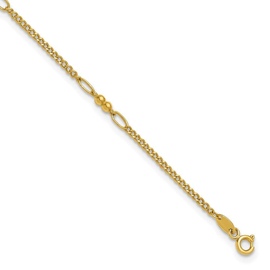 14k Yellow Gold Polished and Diamond-cut 5-Station Beaded Mixed Link 10" Anklet