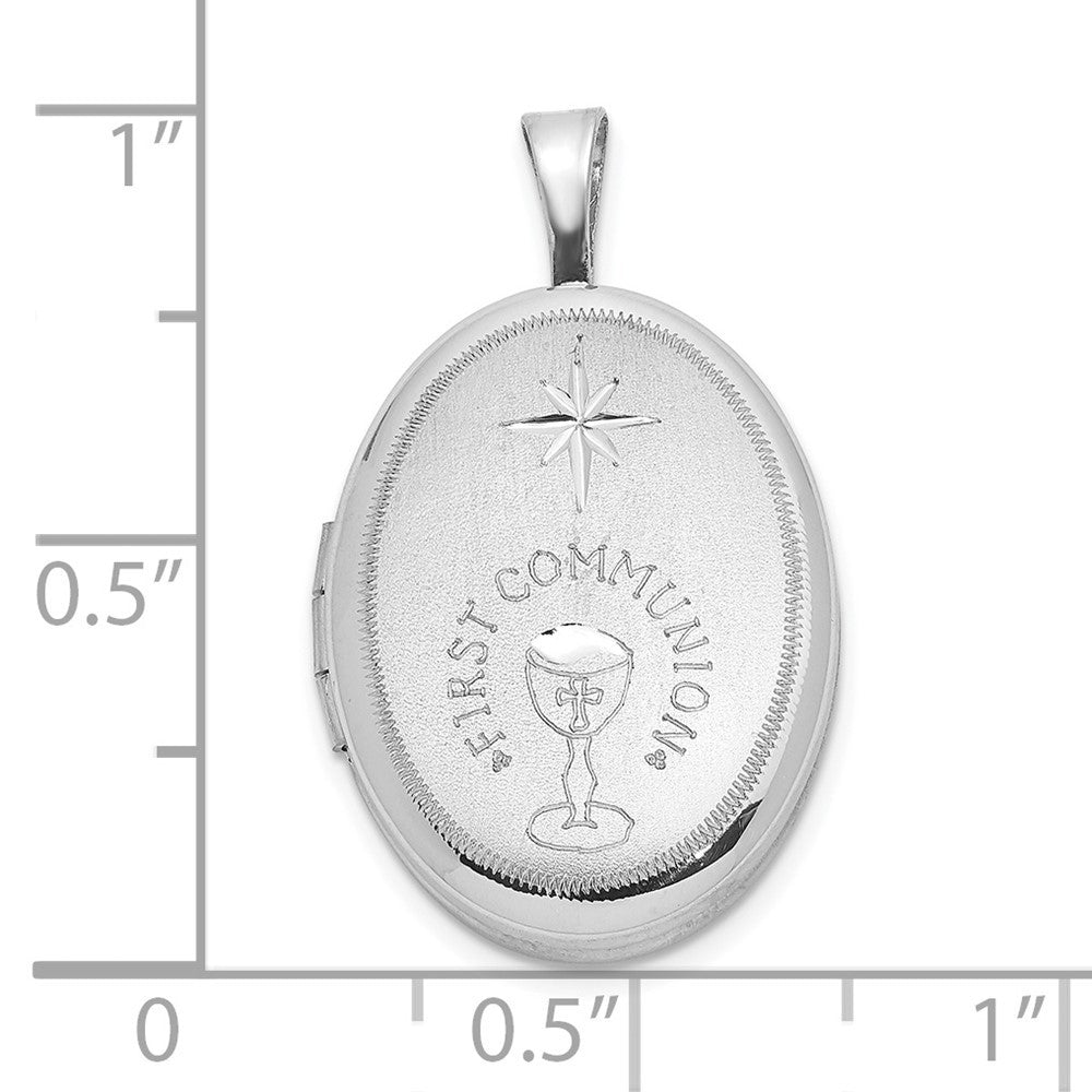Sterling Silver Rhodium-plated Diamond-Cut First Communion 19x15mm Oval Locket