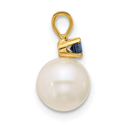 14k Yellow Gold 7-7.5mm White Round Freshwater Cultured Pearl & Sapphire Pendant