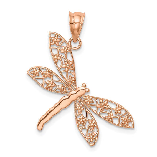 14k Rose Gold Rose Filigree Dragonfly Pendant for Women