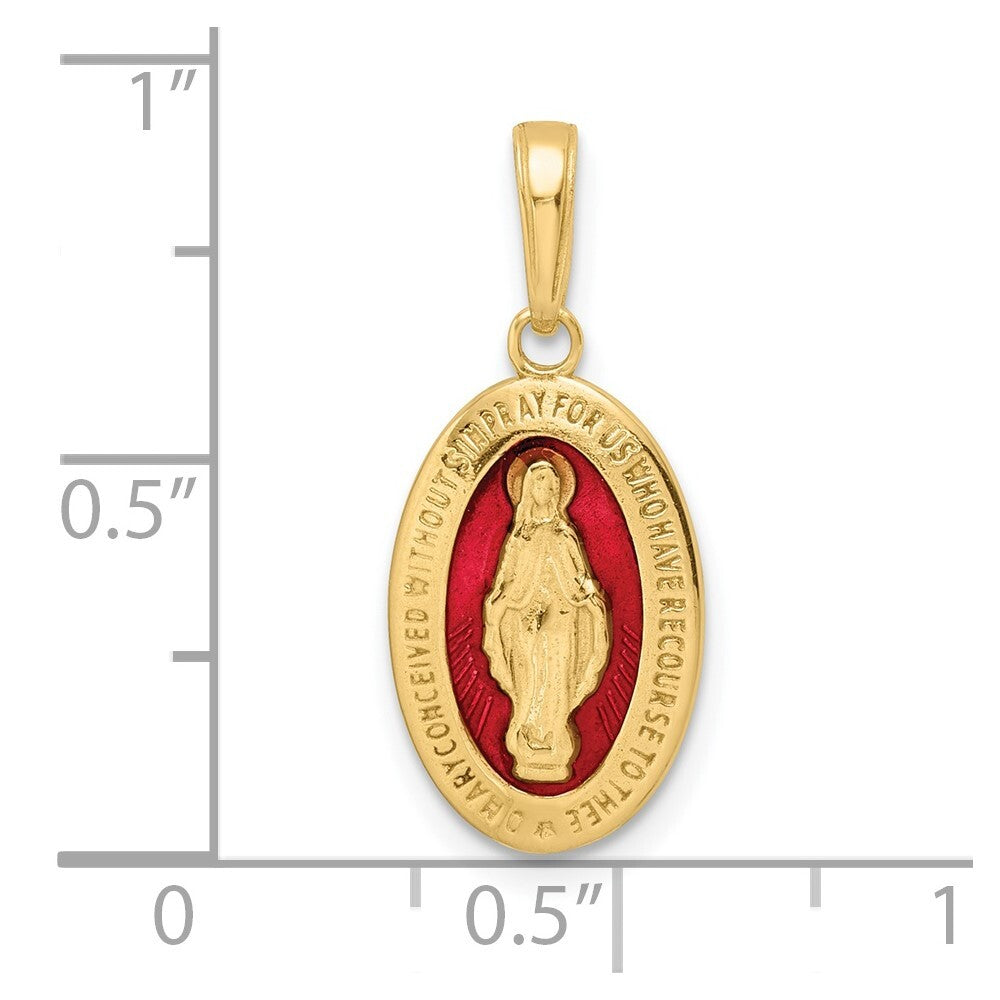14k Yellow Gold Red Enameled Miraculous Medal Pendant for Women