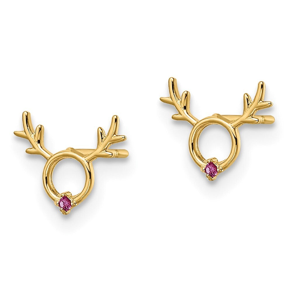 14k Yellow Gold Red Cubic Zirconia Reindeer Stud Earrings Gift for Women
