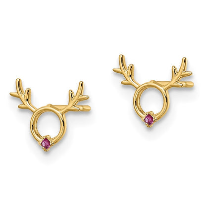 14k Yellow Gold Red Cubic Zirconia Reindeer Stud Earrings Gift for Women