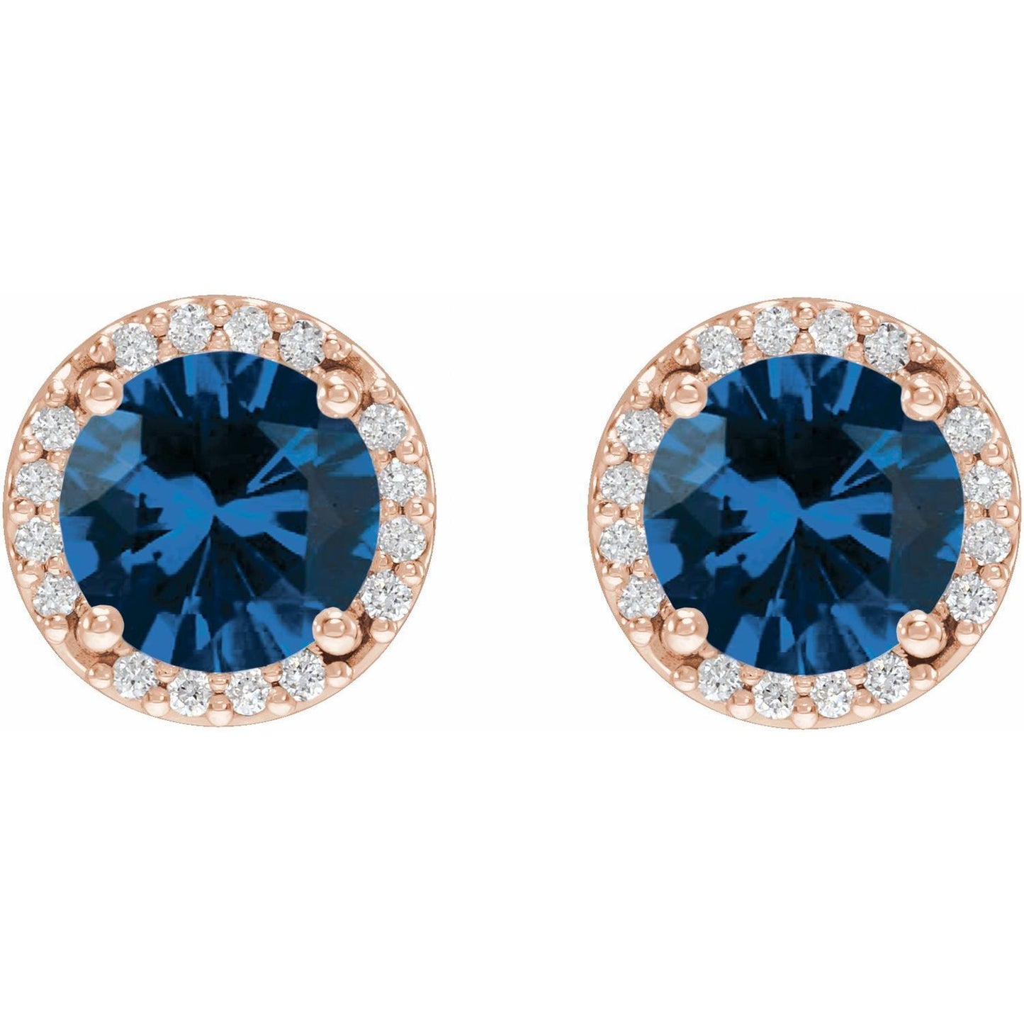 14k Rose Gold Lab-Grown Blue Sapphire and .05Ct Diamond Halo-Style Stud Earrings