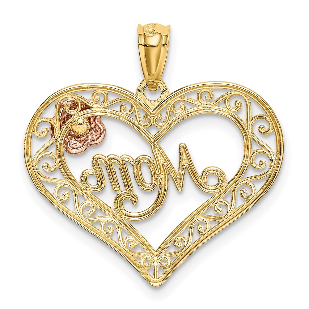 14k Two-tone Gold White Rhodium Diamond-Cut MOM in Heart Rose Pendant