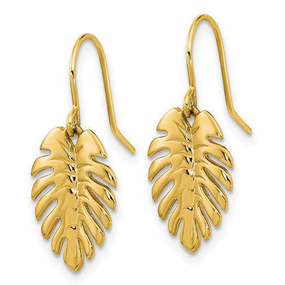 14k Yellow Gold Polished Palm Leaf Dangle Earrings