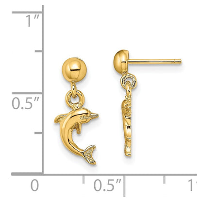 14k Yellow Gold Mini Jumping Dolphin Dangle Earrings Gift for Women