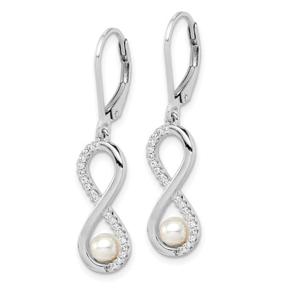Sterling Silver 4-5mm Freshwater Cultured Pearl & CZ Infinity Dangle Earrings