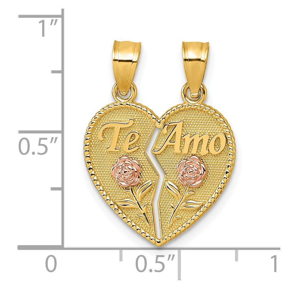 14k Two-tone Gold Break Apart Heart With Te Amo And Roses Pendant