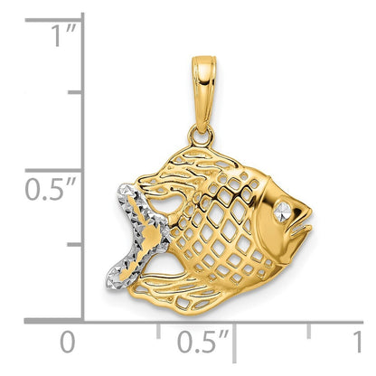 14k Yellow Gold and White Rhodium Diamond-Cut Fish Pendant for Women