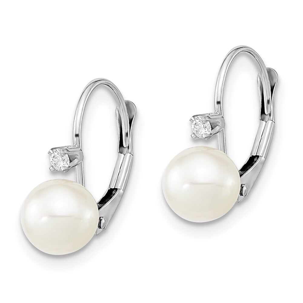 14k Gold 6-7mm Freshwater Cultured Pearl & .06 Carat Diamond Leverback Earrings