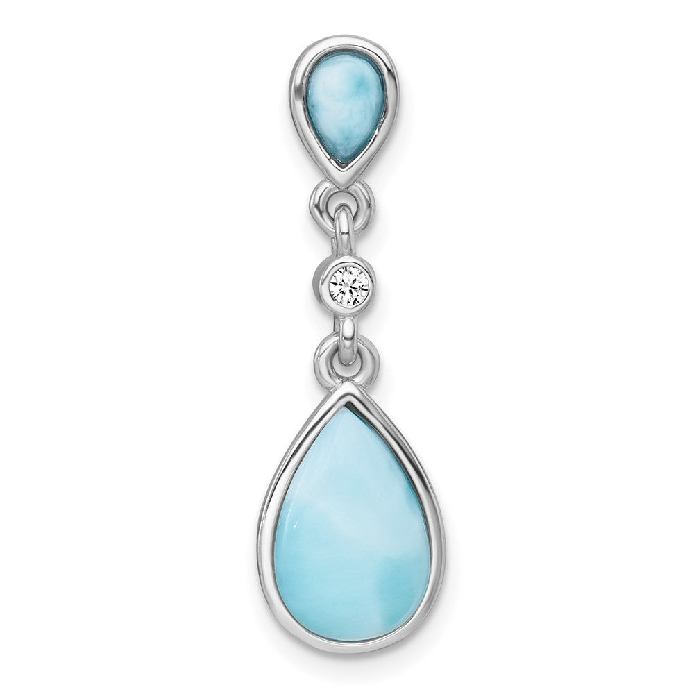 Sterling Silver Polished Pear Larimar Cabochon and CZ Teardrop Chain Slide
