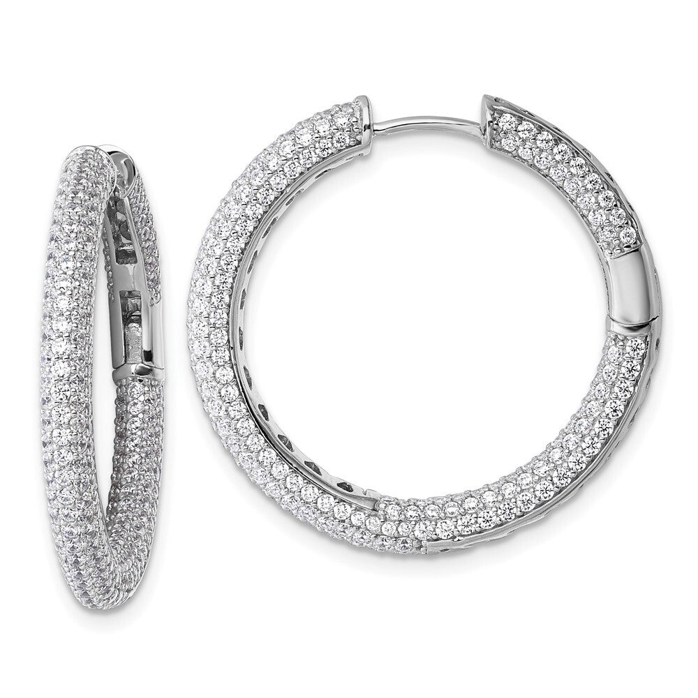 Sterling Silver In and Out Cubic Zirconia Pave Hinged Hoop Earrings