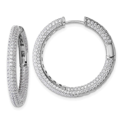 Sterling Silver In and Out Cubic Zirconia Pave Hinged Hoop Earrings