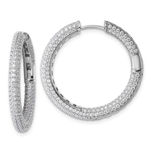 Sterling Silver In and Out Cubic Zirconia Pave Hinged Hoop Earrings