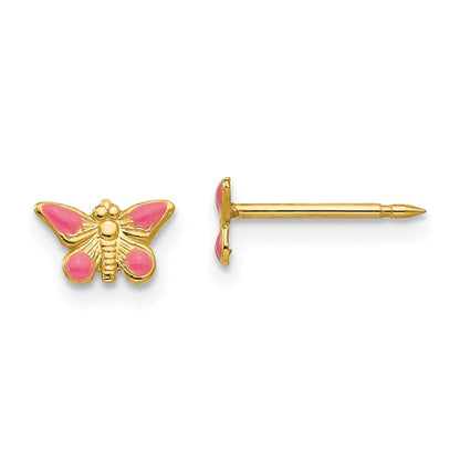 14k Yellow Gold Epoxy Fill Pink Butterfly Stud Earrings Gift for Women