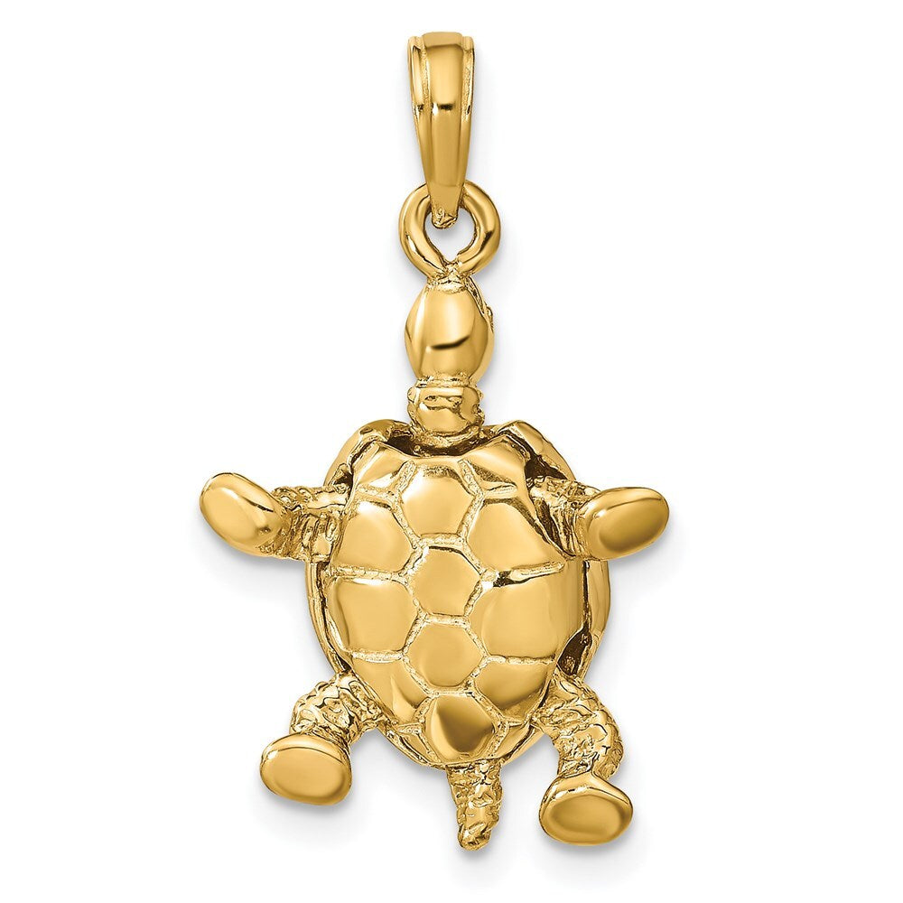 14k Yellow Gold Solid Polished 3-D Moveable Turtle Pendant for Women
