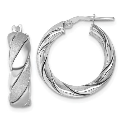 Sterling Silver Polished & Scratch Finish 6.0 x 21mm Twisted Tube Hoop Earrings