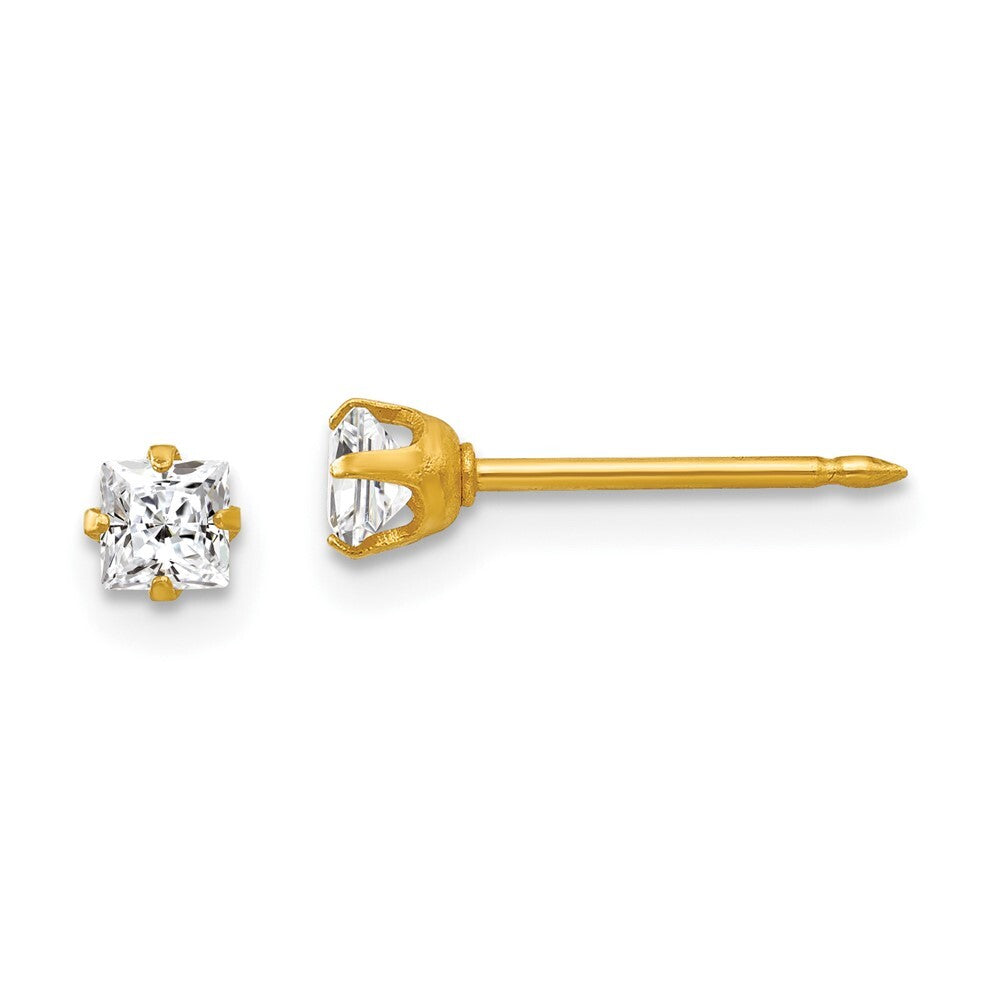 18k Yellow Gold 3mm Square Cubic Zirconia Stud Earrings Gift for Women